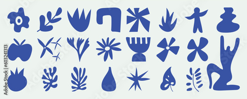 Set of abstract organic shapes inspired by matisse. Plants, leaf, people, algae, vase in paper cut collage style. Contemporary aesthetic vector element for logo, decoration, print, cover, wallpaper.