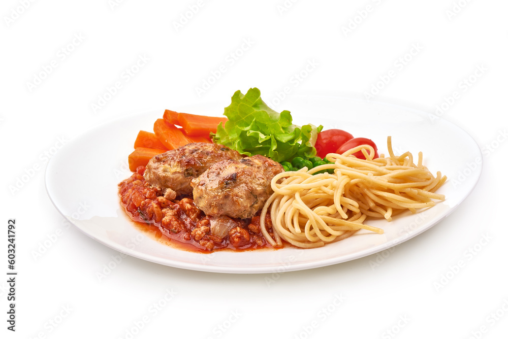 Baked meatballs with spaghetti and tomato sauce, isolated on white background.