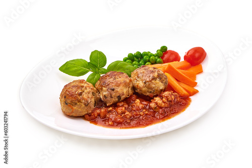 Baked meatballs with tomato sauce, isolated on white background.