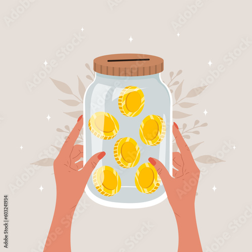Donation money concept. Female hands holding glass jar full of gold coins. International charity day. Fundraising Concept. Vector cartoon illustration. Volunteering and social care.
