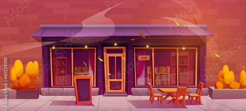Autumn front exterior book store illustration. Bookstore building with glass window facade town background. Falling leaves and wind near sidewalk shopfront showcase. Vintage urban house design