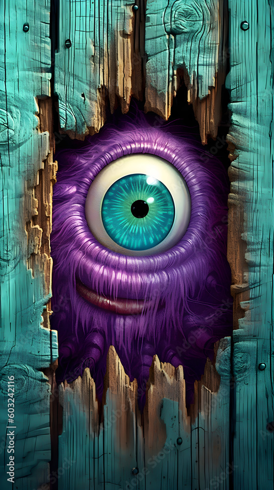 A purple monster eye peeks out of a wooden wall