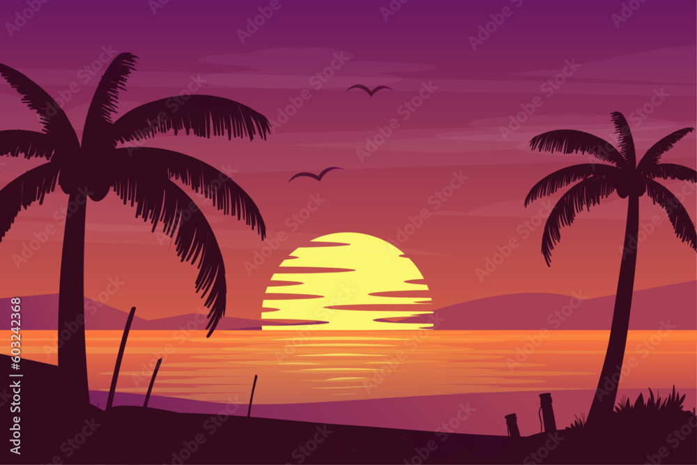 Summer background Colorful palm silhouettes beach landscape