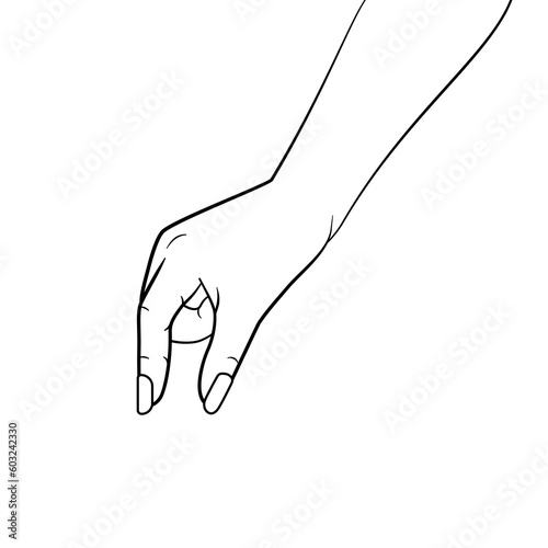 Grabbing hand. Man's hand pinching invisible item. Hand holding something with two fingers. Vector flat outline icon illustration isolated on white background.