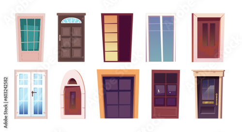 Vector house front door cartoon isolated illustration set. Home different entrance with window exterior icon element on white background. Contemporary external detailed closed wooden asset kit