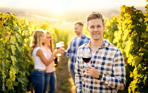 Portrait of a young, millennial vintner holding a glass of organic bio red wine outdoors in a vineyard with his friends in the background - Vine-growing, and wine-tasting concept