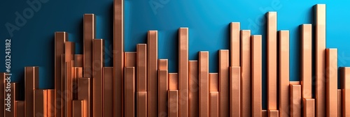 Copper bars forming a graph chart on a blue background. Commodity supercycle concept. Generated with the use of an AI.