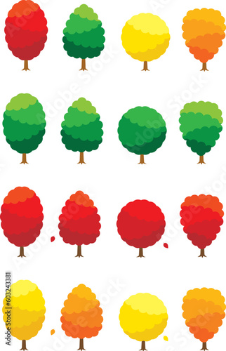 カラフルな四季の樹木のイラストセット