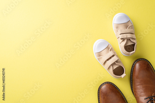 Father's Day idea with cute son and dad. Top view of leather shoes and baby sneakers on yellow background with space for text or advert