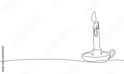 Old candle in candlestick as one line drawing banner. Continuous hand drawn minimalist minimalism design isolated on white background vector illustration.