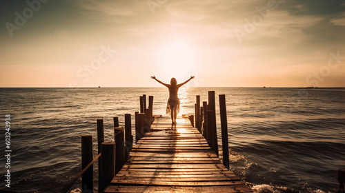 silhouette of a person on a pier at sunset