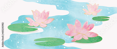 Luxury gold oriental style background vector. Chinese and Japanese wallpaper pattern design of lotus flowers, watercolor, line art. Minimal design illustration for decoration, wall decor, banner.