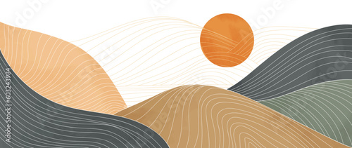 Luxury gold oriental style background vector. Chinese and Japanese wallpaper pattern design of mountain, sun, watercolor, line art. Minimal design illustration for decoration, wall decor, banner.