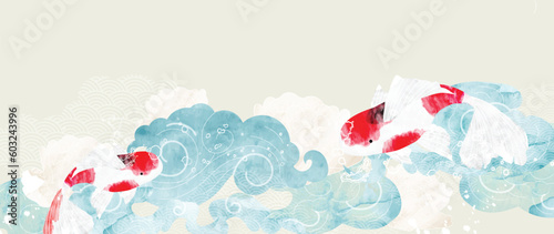 Luxury oriental style background vector. Chinese and Japanese wallpaper pattern design of koi fish, river, cloud, watercolor, line art. Minimal design illustration for decoration, wall decor, banner.