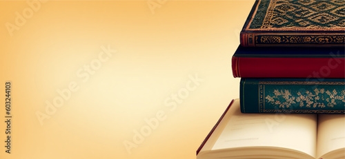 yellow gradient background with stacked old books - great for website, slide base, email, greeting card, presentation, postcard, book, poster, playbill, printable

