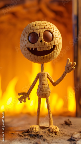 A toy is standing in front of a fireplace