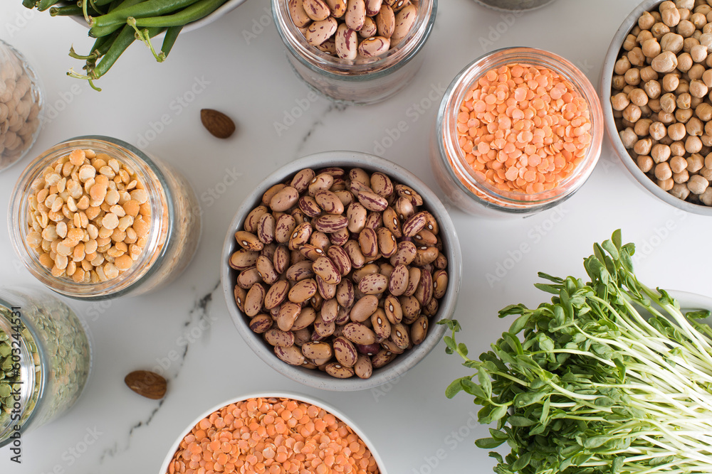 Vegan source of protein. The concept of a plant-based diet, vegetarianism. View from above. Vegan source of protein. The concept of a plant-based diet, vegetarianism. View from above.