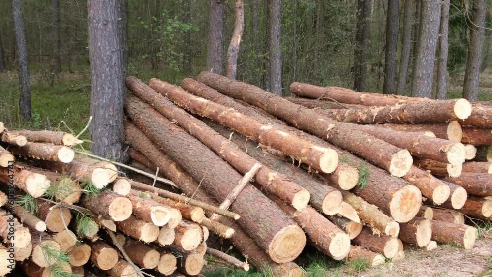 Firewood in the forest, freshly cut logs. Lumber industry. Environmental damage Firewood in the forest, freshly cut logs. Lumber industry. Environmental damage