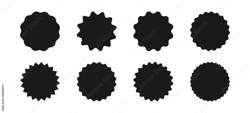 Wavy edge circle sticker. Star burst shape tags for price. Blank sale round sticker. Empty promo badge. Simple circle wax seal silhouette. Vector illustrations set isolated on white background.