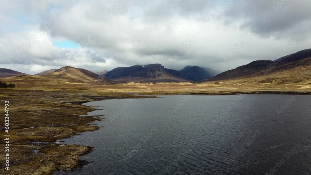 Panning loch to mountains by drone Panning loch to mountains by drone