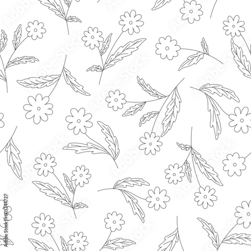 Flower leaf seamless pattern meadow black line. Editable stroke plant print bedclothes ditsy style wrap paper interior design fabric seasonal coloring book natural floral vintage white background