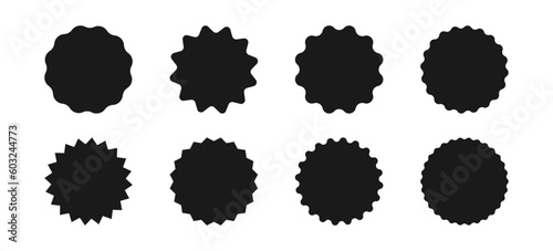 Wavy edge circle sticker. Star burst shape tags for price. Blank sale round sticker. Empty promo badge. Simple circle wax seal silhouette. Vector illustrations set isolated on white background.