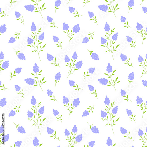Muscari grape hyacinth bloom seamless pattern flat. Purple flower mid spring delicate modern print wild plant meadow herb floral branch fabric textile wallpaper cover wrap print white background