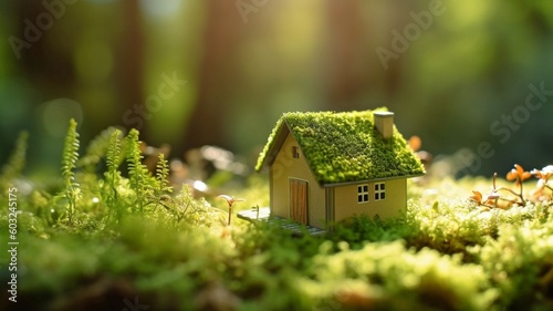 Green home. Concept for ecologically efficient and green dwelling. a tiny wooden home set between ferns, moss, and springtime grass on a beautiful day. GENERATE AI