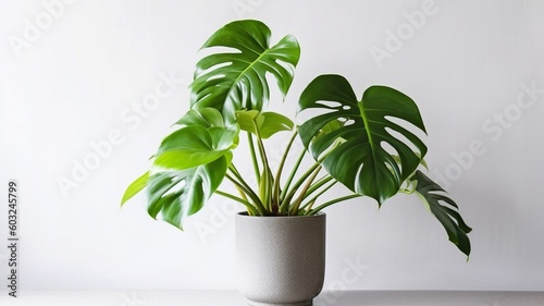 Monstera in a container, close-up of tropical foliage, or houseplant growing indoors for ornamental purposes, isolated on white.  GENERATE AI