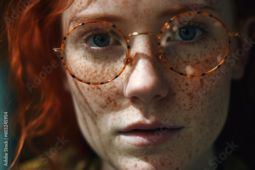 Close-up portrait of woman with freckles face, generative ai.