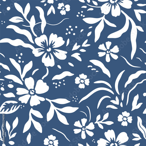 Hand-drawn abstract floral seamless pattern. Light leaves on a dark background. Includes elements of doodles.