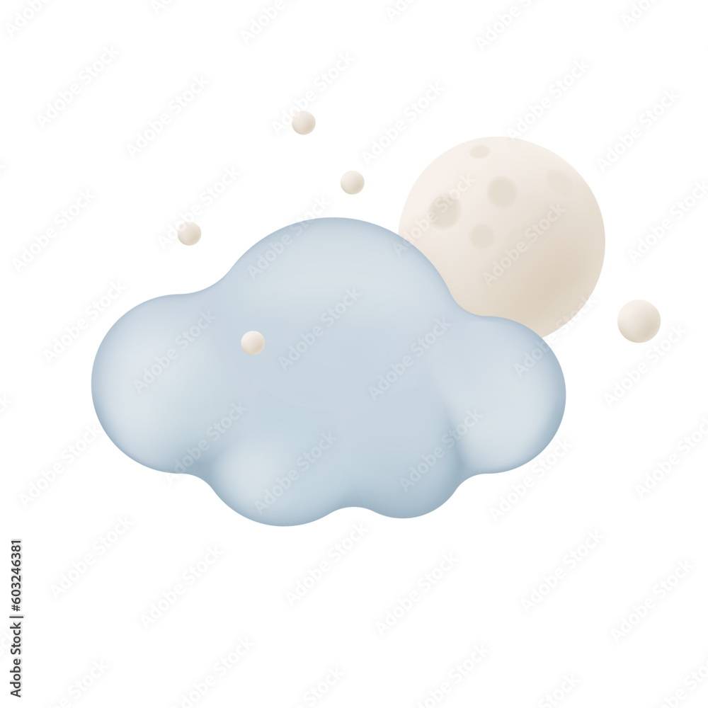 Obraz premium Cloud with stars and moon 3d vector illustration. Snowy and cloudy weather at night in cartoon style isolated on white background. Weather forecast, meteorology concept