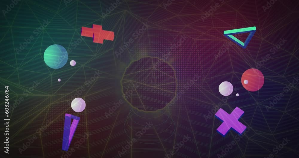 Animation of abstract shapes over network of connections Animation of abstract shapes over network of connections