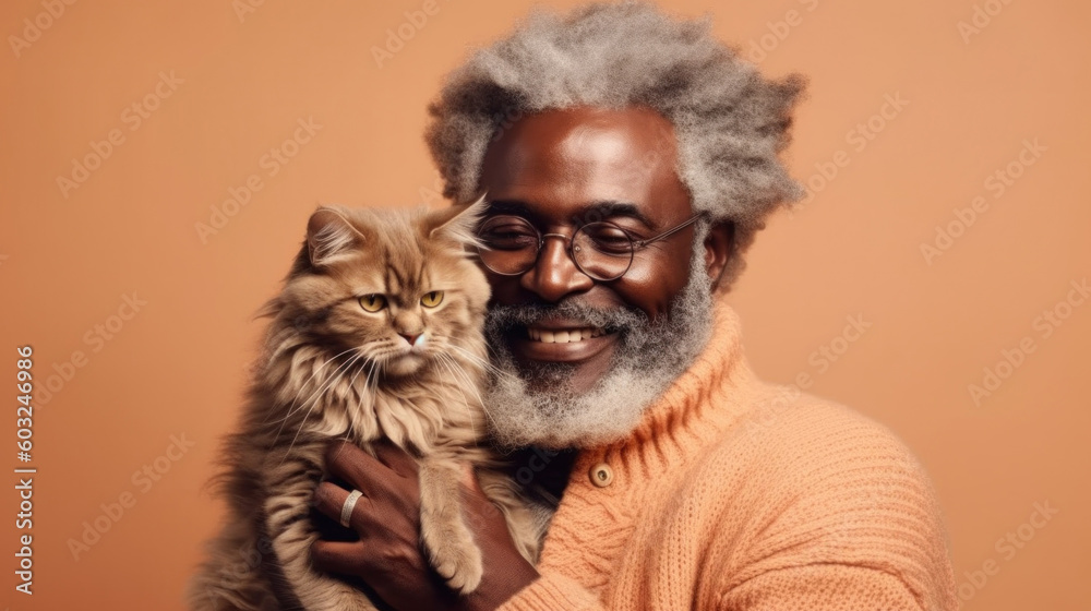 A cheerful African American senior man and his pet cat share a heartwarming hug in this studio portrait. Generative AI