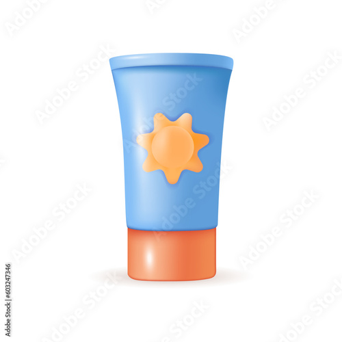 Sunscreen cream 3d vector illustration. Cosmetic product for skin protection under sun in cartoon style isolated on white background. Summer, tourism, vacation, travel concept