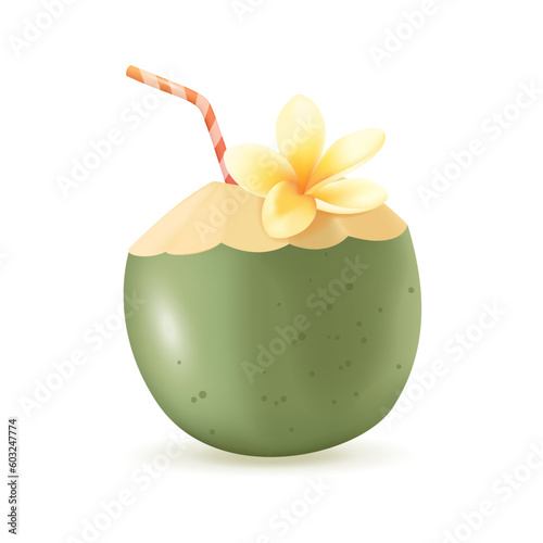 Coconut cocktail 3d vector illustration. Tropical drink with straw for drinking on beach in cartoon style isolated on white background. Summer, tourism, vacation, travel concept