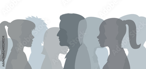 portrait of people in silhouette profile. black and white profiles of people, rally, protests, interracial vector illustration on white background