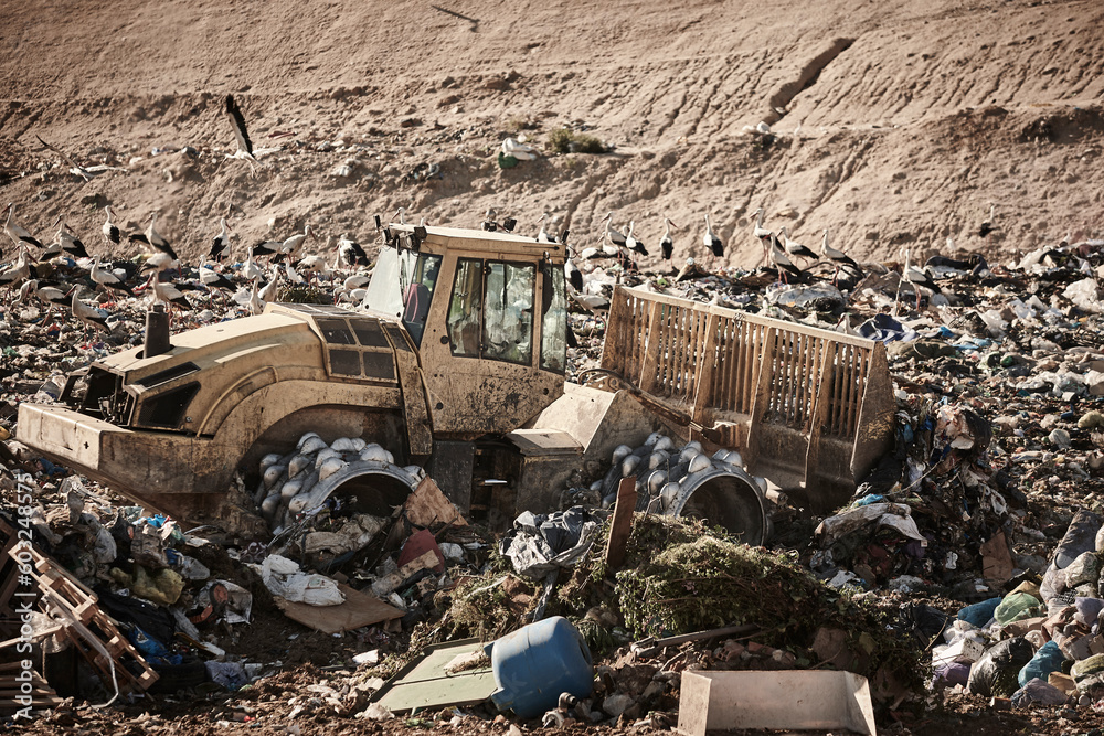 Heavy machinery shredding garbage in an open air landfill. Pollution Heavy machinery shredding garbage in an open air landfill. Pollution
