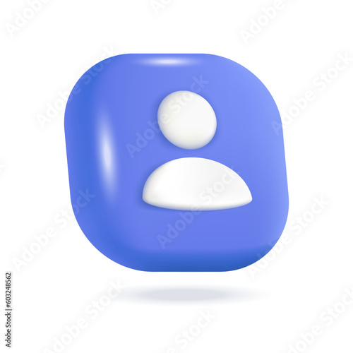 Contact icon 3d vector illustration. Blue button with user profile symbol for networking sites or apps in cartoon style isolated on white background. Online communication, digital marketing concept