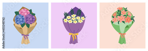 Set of three bouquets in packaging. Beautiful blooming flowers. Hydrangea, lilies and narcissus. Holiday present. Hand drawn vector illustration isolated on colored background, flat cartoon style.