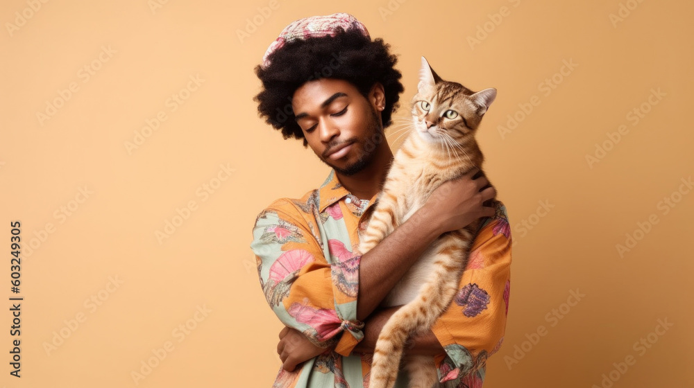 A happy man smiles as he embraces his cat in the studio picture. Generative AI