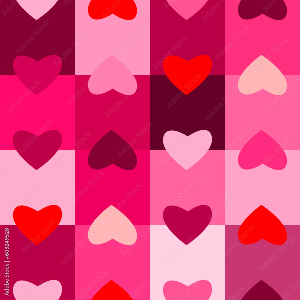 Seamless checkered box pattern with pink and red colors of the hearts. Abstract geometric background. Pink hearts, valentine's day, mother, girl , woman, sweet, wedding, couple, propose concepts.