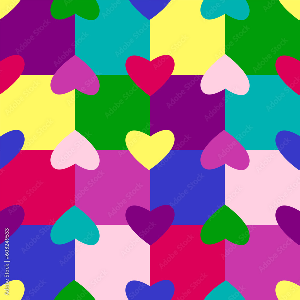 Hearts on boxes, multicolor, vertical. Seamless pattern in a concept of gender, matter, LGBTQ, alternative. love, race, age. For use as background, banner, flag, print, wrapping paper, cloth, dress. Hearts on boxes, multicolor, vertical. Seamless pattern in a concept of gender, matter, LGBTQ, alternative. love, race, age. For use as background, banner, flag, print, wrapping paper, cloth, dress.