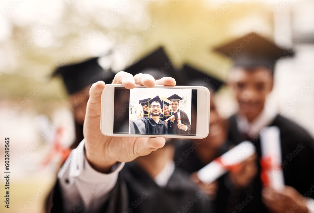 Graduation, phone screen and selfie of college or university friends and student diploma outdoor. Face of men and women happy to celebrate university achievement, education success or graduate memory