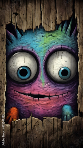 A cartoon character with big eyes peeking out of a hole
