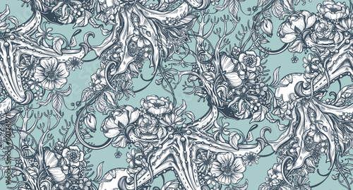 Beautiful vector seamless pattern with hand drawn graphic beautiful ornate sea animals and flowers