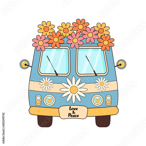 Hippie vintage bus with flowers. Groovy retro hippie travel van. Love, peace, travel, adventure, hippie culture concept.