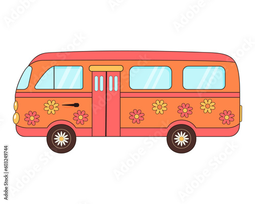 Hippie vintage bus with flowers. Groovy retro hippie travel van. Love, peace, travel, adventure, hippie culture concept.