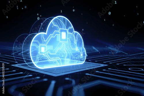 Data storage and cloud computing technology concept with perspective view on glowing cloud symbol with circuit and processor inside on dark digital background. 3D rendering photo