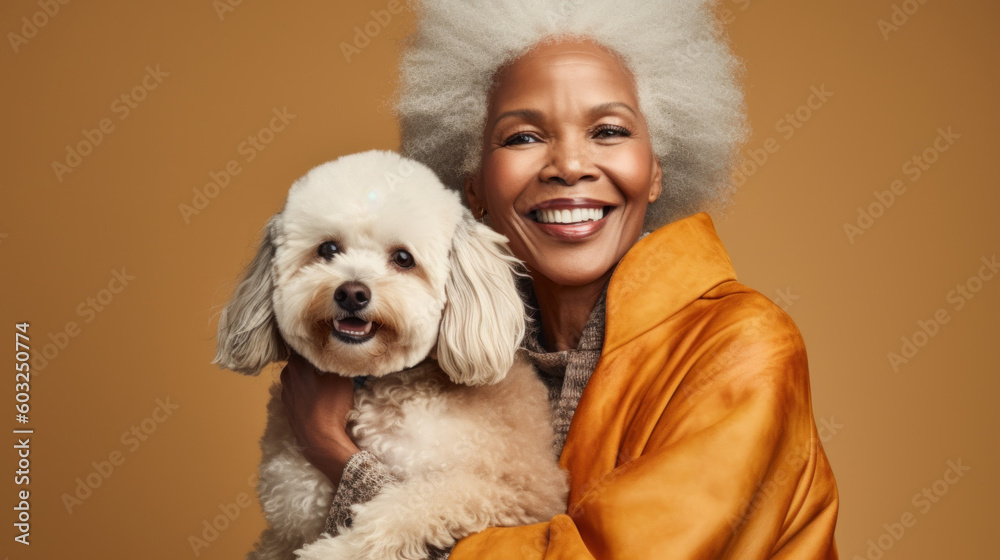 A stunning Afro senior woman exudes joy as she embraces her beloved pet dog in a studio portrait. Generative AI